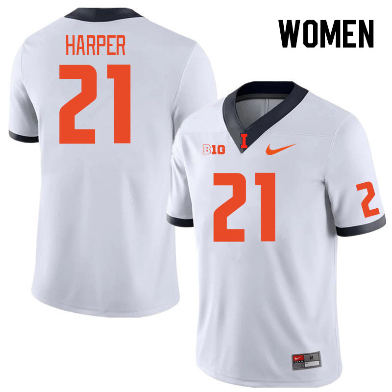 Women #21 Nicario Harper Illinois Fighting Illini College Football Jerseys Stitched Sale-White